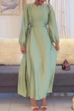 Formal O Neck Long Sleeve With Belted Long Loose Vacation Office Lady Maxi Dresses
