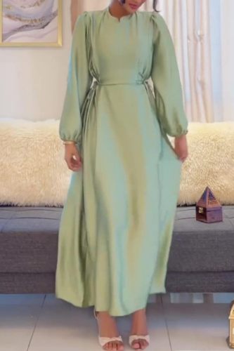 Formal O Neck Long Sleeve With Belted Long Loose Vacation Office Lady Maxi Dresses