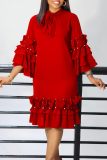 Casual Half A Turtleneck Ruffle Flare Sleeve Tiered Hem A Line Formal Party Evening Midi Wedding Guest Dresses
