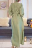 Formal O Neck Long Sleeve With Belted Long Loose Vacation Office Lady Maxi Dresses