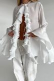 Casual O Neck Ruffle Long Sleeve Ruffle Trim Front Slit Women's Blouse Cardigan Top