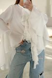 Casual O Neck Ruffle Long Sleeve Ruffle Trim Front Slit Women's Blouse Cardigan Top