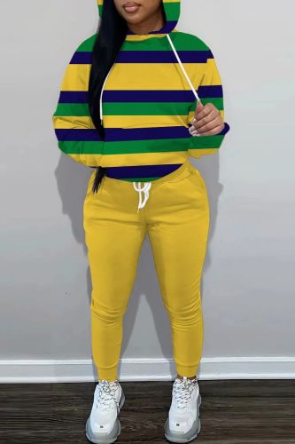 Sportwear Casual Striped Print Long Sleeve Hooded Sweatshirt And Drawstring Pants Two Pieces Sweatpant Sets
