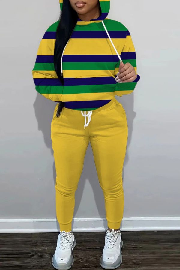 Sportwear Casual Striped Print Long Sleeve Hooded Sweatshirt And Drawstring Pants Two Pieces Sweatpant Sets