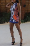 Stripe Print Zipper Oblique Collar Wrapped Skirt Vacation Bodycon Mini Dresses