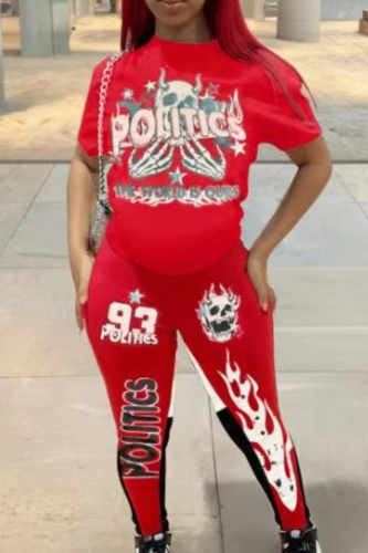 Halloween Costumes Skull Print O Neck Short Sleeve T-shirt Skinny Leg Pants Two Pieces Sweatpants Set