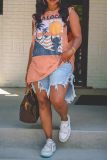 Casual Tropical Print O Neck Sleeveless Vacation Beach Oversize Tank T-shirt