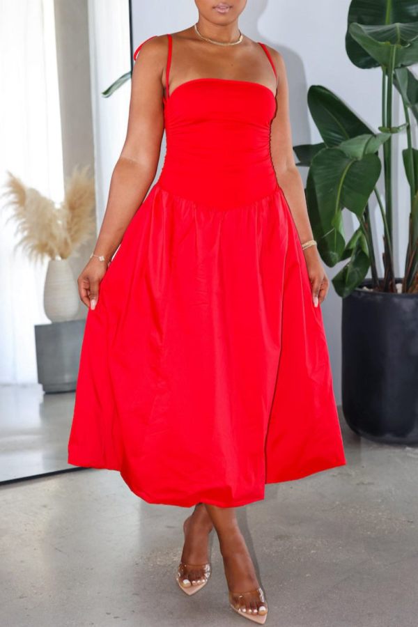 Casual Backless Spaghetti Strap Sleeveles Ruched Belteds Bubble Hem Vacation Maxi Slip Dresses