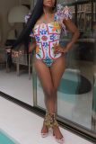 Boho Print Sleeveless Backless Ruffle Trim One Piece Swimsuit Beach Vacation Swimwears