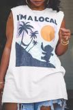 Casual Tropical Print O Neck Sleeveless Vacation Beach Oversize Tank T-shirt