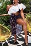 Sleeveless Backless Ruffle Trim Bra And Mini Shorts with Polka Dot Print Cover Up Slit Midi Skirt Bikini Sets Formal Party Evening Three Piece Swimsui