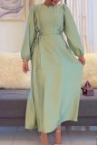 Formal O Neck Long Sleeve With Belted Long Loose Vacation Office Lady Maxi Dresses