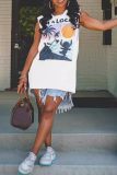 Casual Tropical Print O Neck Sleeveless Vacation Beach Oversize Tank T-shirt