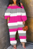 Casual Stripe Print Off Shoulder Long Sleeve Vacation Loose Harem Jumpsuit