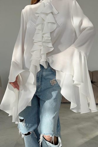 Casual O Neck Ruffle Long Sleeve Ruffle Trim Front Slit Women's Blouse Cardigan Top