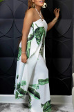 Casual Leaf Print Backless Sleeveless Belted Front Sit Halter Longline Blouse And Wide Leg Pants Vacation Two Pieces Trouser Sets
