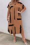 Casual Graphcis Print V Neck Short Sleeve Plus Size Loose Vacation Midi Dresses