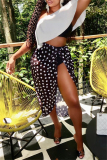 Sleeveless Backless Ruffle Trim Bra And Mini Shorts with Polka Dot Print Cover Up Slit Midi Skirt Bikini Sets Formal Party Evening Three Piece Swimsui