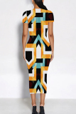 Casual Geometric Print O Neckt Short Sleeve One Step Skirt Vacation Bodycon Midi T-shirt Dress