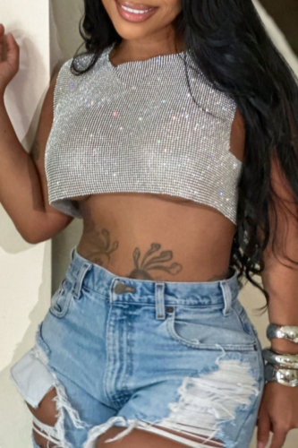 Club Rhinestone Shinny Backless Sleeveless O Neck See-Through Chains Crop Tops