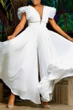 Ruffled Sleeve Deep V Neck With Belt Vacation Formal Party Evening Loose Pleated Wide Leg Plain Jumpsuit