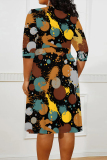Casual Floral Print V Neck Half Sleeve Lace Up With Belt Vacation Plus Size Midi Dresses