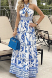 Floral Print Backless Sleeveless Hollow Out Cinch Waist Vacation Halter Crossover Flowy Maxi Summer Dresses
