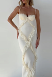 Sleeveless V Neck Ruffle Trim Side Slit Formal Party Evening Bodycon Maxi Slip Dress