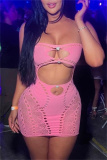 Night Club Rhinestone O Neck Short Sleeve Hollow Out Knitted Tube Romper And Crop Tops Two Pieces Sets