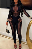 Club Evening O Neck Long Sleeve Hollow Out See-Through Knitted Skinny Jumpsuits One Piece Bodysuit