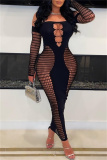 Backless Long Sleeve Off Shoulder Hollow Out See-Through Long Knitted Bodycon Maxi Dress