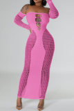 Backless Long Sleeve Off Shoulder Hollow Out See-Through Long Knitted Bodycon Maxi Dress