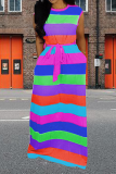 Rainbow Striped Print O Neck Sleeveless With Belt Floor Length Straight Loose Vacation Maxi Tank Dresses