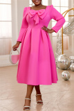 Bow Decor Square Neck Long Sleeve Cinch Waist Formal Party Evening Wedding Guest Pleated Midi Dresses