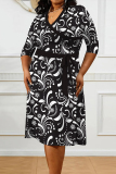 Casual Floral Print V Neck Half Sleeve Lace Up With Belt Vacation Plus Size Midi Dresses