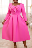 Bow Decor Square Neck Long Sleeve Cinch Waist Formal Party Evening Wedding Guest Pleated Midi Dresses