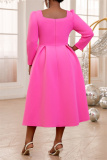 Bow Decor Square Neck Long Sleeve Cinch Waist Formal Party Evening Wedding Guest Pleated Midi Dresses