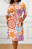 Casual Floral Print V Neck Half Sleeve Lace Up With Belt Vacation Plus Size Midi Dresses