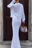 Formal V Neck Long Sleeve Buttons Hollow Out Knitted Blouse And Maxi Skirt Vacation Two Pieces Dress Sets