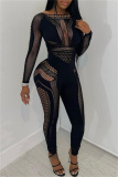 Club Evening O Neck Long Sleeve Hollow Out See-Through Knitted Skinny Jumpsuits One Piece Bodysuit