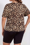 Casual Letter Leopard Print O Neck Short Sleeve Oversize T-shirt And Ripped Pants Plus Size Two Pieces Shorts Sets