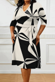 Casual Floral Print V Neck Half Sleeve Lace Up With Belt Vacation Plus Size Midi Dresses