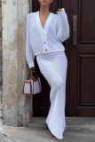 Formal V Neck Long Sleeve Buttons Hollow Out Knitted Blouse And Maxi Skirt Vacation Two Pieces Dress Sets