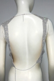 Club Rhinestone Shinny Backless Sleeveless O Neck See-Through Chains Crop Tops