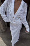 Formal V Neck Long Sleeve Buttons Hollow Out Knitted Blouse And Maxi Skirt Vacation Two Pieces Dress Sets