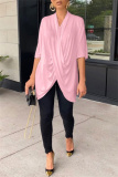 Casual V Neck Half Sleeve Irregular Hem Ruched Loose Vacation Blouse