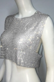 Club Rhinestone Shinny Backless Sleeveless O Neck See-Through Chains Crop Tops