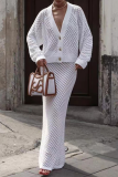 Formal V Neck Long Sleeve Buttons Hollow Out Knitted Blouse And Maxi Skirt Vacation Two Pieces Dress Sets