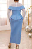 Casual Beading O Neck Long Sleeve Slit Ruffle Trim Mesh Formal Party Evening Wedding Long Bodycon Maxi Dress