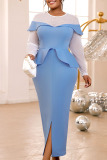 Casual Beading O Neck Long Sleeve Slit Ruffle Trim Mesh Formal Party Evening Wedding Long Bodycon Maxi Dress